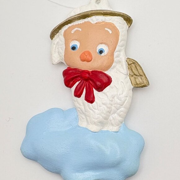 Vintage Lamb Angel Christmas Tree Ornament On Cloud Hand Painted with Red Bow - Picture 6 of 6